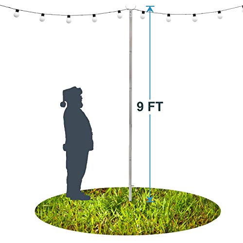 MIYA Light Pole - Outdoor 9ft Light Pole for String Lights - Outside Stainless Steel String Lights Pole for Yard Garden - String Lights Pole Stand for Night Wedding and Party