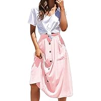 fanddy Women Cotton Blend Long Skirt High Waist Button Decor Loose A-Line Skirt with Pockets Skirts Pink