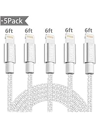 Cable Lightning TUUBEE de nailon trenzado para iPhone, cable de carga, 5 unidades, 6 pies de largo, certificado MFi para iPhone, cable de datos USB de carga rápida, compatible con iPhone XS MAX XR X 8 7 6 5 iPad iPod (plateado y blanco)