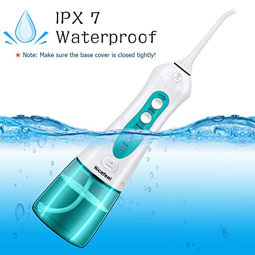 [2019] Best Cordless Water Flosser, Nicefeel 300ML Portable USB Rechargeable Dental Water Flosser Teeth Cleaner, IPX7 Waterproof 3 Modes Oral Irrigator with 4 tips for Home, Travel - Thumbnail 4