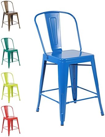26 Inch Industrial Metal Counter Height Bar Stools with Backs Set of 4 Vintage Tolix Cafe Chairs Matt Blue