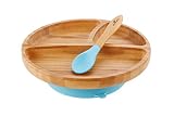 Avanchy - Toddler Feeding Plate and Spoon Set, Divided Bamboo Plate with Stay Put Suction Ring, 8.5" &times; 7.5" &times; 2.5" Plate Size - Blue