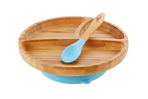Avanchy - Toddler Feeding Plate and Spoon Set, Divided Bamboo Plate with Stay Put Suction Ring, 8.5" &times; 7.5" &times; 2.5" Plate Size - Blue