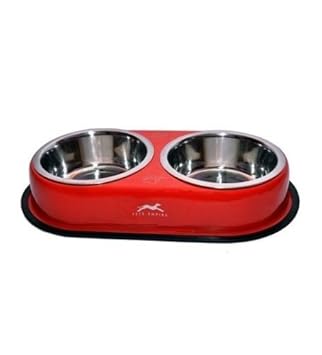 Ocean Wave Stainless Steel Dog and Cat Dinner Set, Red