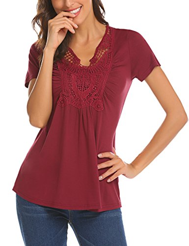 Locryz Women V-Neck Short Sleeve Ruched Pleated Front Casual Loose T-shirt Top Blouse (L, Wine Red)
