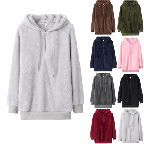 Angxiwan borg fleece women Fleece Hoodies for Women UK Warm Sherpa Teddy Jumpers Oversized Half Zipper Long Sleeve Pullover Tops Autumn Winter Hooded Sweatshirts Plus womens sweaters