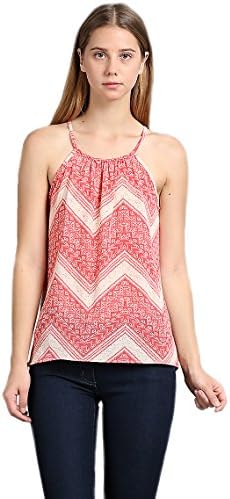 New Women's Crepe Print Round Spaghetti Sleeveless Back Key Hole Button Trim Top L, Red