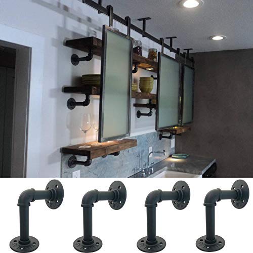Yuanshikj 4Pc 3.9"x5.9" Industrial Wall Mount Iron 3/4" Pipe Shelf Shelves Shelving Bracket Vintage Retro Black - Thumbnail 4