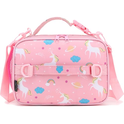 FlowFly Kids Lunch Bag, Durable Insulated School Lunch Box with Shoulder Strap and Bottle Holder, Water-resistant Thermal Small Lunch Cooler Tote for Teen Boys & Girls,Pink#Unicorn