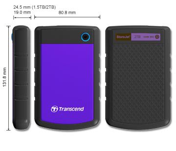 Transcend 2TB SJ25H3, USB 3.1 Portable Hard Drive Rugged, Anti-Shock Resistant, Compact and Lightweight with Lightning-Fast Speeds, One Touch Backup Button, Purple - TS2TSJ25H3P