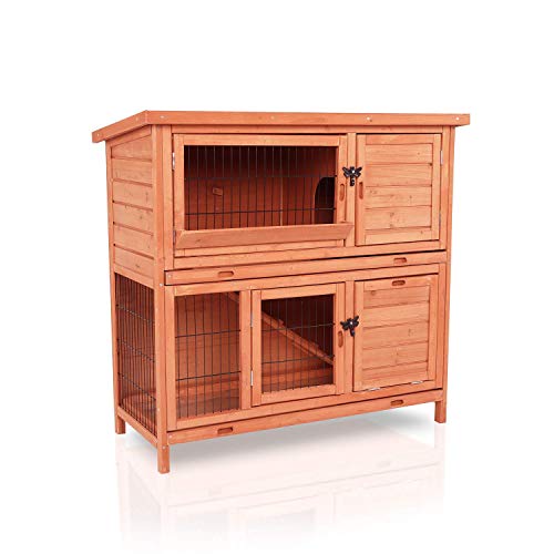 POTBY Wooden Rabbit Hutch Pet Cage Shelter House with Waterproof Roof
