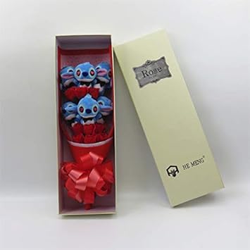 Lzpoyaya Cartoon Stitch Peluche Jouets Stitch Bouquet Avec Fleurs Artificielles Décoration De Fête De Mariage De St Valentin 60x20x12cm Rouge