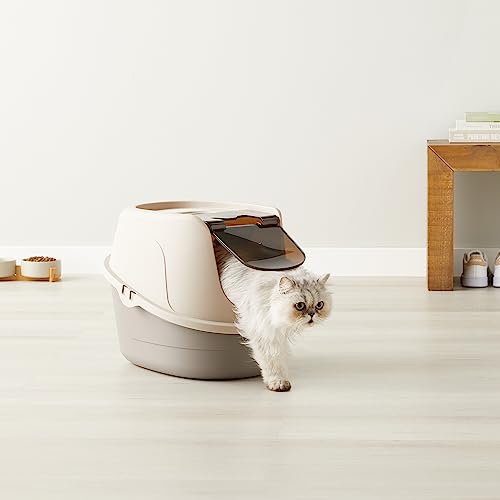 AMAZON BASICS NO-MESS HOODED ENCLOSED CAT LITTER BOX WITH ODOR CONTROL AND SWINGING DOOR, STANDARD, 21″ X 16″ X 15″, MULTICOLOR