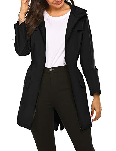 Besshopie Women Raincoat with Hood Waterproof Lightweight Quick Dry Rain Jackets Black