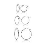 3 Pair Set Sterling Silver 1mm Small Polished Round Thin Unisex Click-Top Hoop Earrings, 12mm, 15mm, 20mm