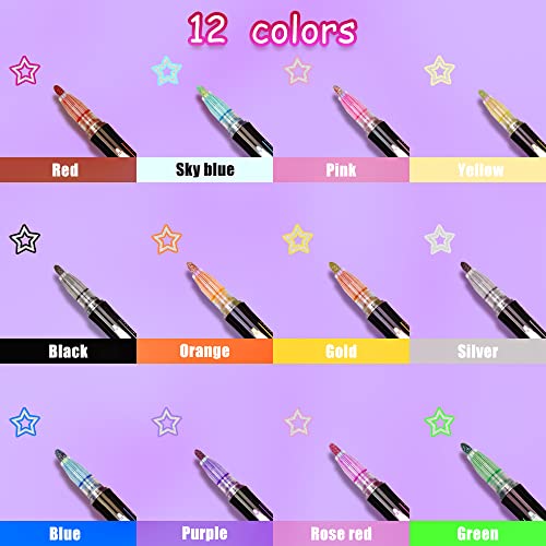 Double Line Markers Outline Pens, Super Squiggles Glitter Outline Marker Set, 12 Colors Doodle Shimmer Pen for Card Making, DIY Art Drawing, Lettering, Craft Project