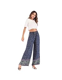 Pantalones de verano para dama, con pierna ancha, elásticos, cintura alta, estampados, estilo bohemio, hippie, talla grande