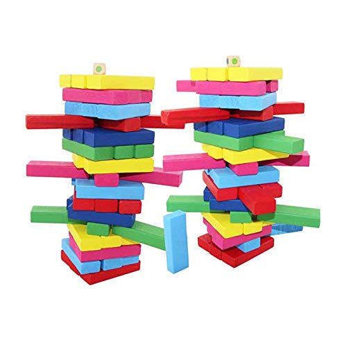 SHINE Wooden Block Tower Game 51 Rectangular Pcs Hardwood Set Block Stacking, Stack Crashing Game Color Wood