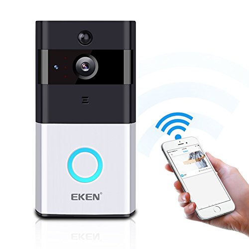 EKEN Video Smart Doorbell 720P HD Wifi Camera with 8GB MicroSD Card Real-Time Video Two-Way Audio Wide-angle Lens Night Vision PIR Motion Detection App Control with 18650 Batteries for IOS and Android