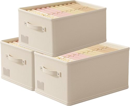 XVersion Foldable Closet Organizer 3-Pack - 47L x 28W x 21H Drawer Storage for Wardrobe, Cabinet & Laundry Room | Beige Folding Shelves | Space-Saving Clothes Storage- Beige Foldable