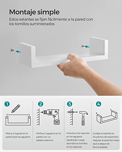 SONGMICS LWS40WT Set of 3 Modern Wall Shelves, MDF Floating Shelves with High Gloss Finish and Invisible Mount, White