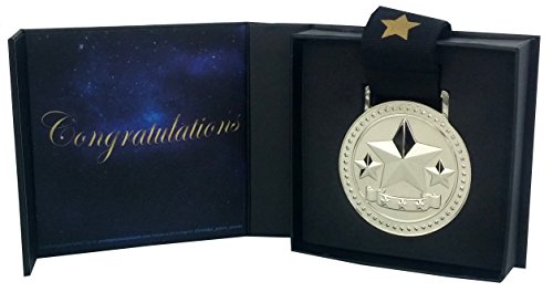 Silver Star Award Medal for 2nd Place Recognition, Star Decorated Ribbon and Black Gift Box With Magnetic Closure is Included with Every Medal