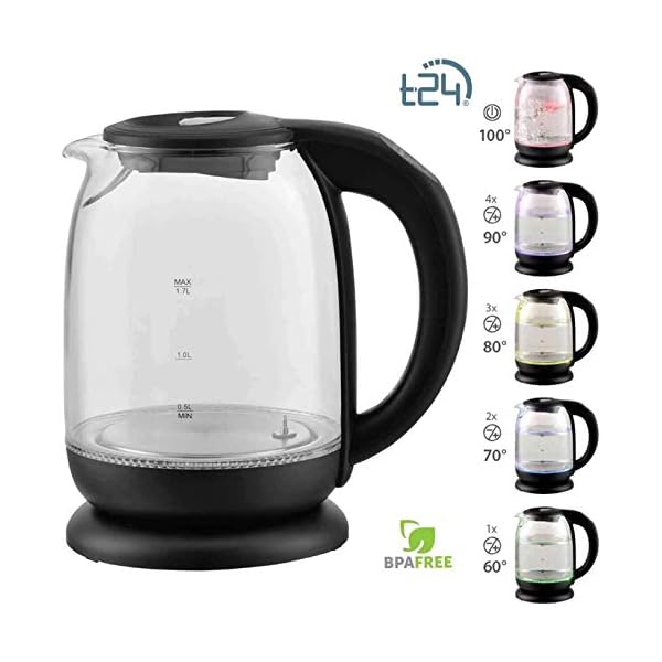 T24 Wasserkocher Glas 1,7 L mit Temperatureinstellung 60-100 Â°C, 2.200W Schwarz mit LED Beleuchtung – Bild 3