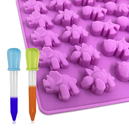Dinosaur Chocolate Mold, YuCool 3 Pack Silicone Dinosaur Molds with 48-Cavity for Candy Chocolate Jelly, Ice Cube with 3 Bonus Droppers-Purple,Blue, Green