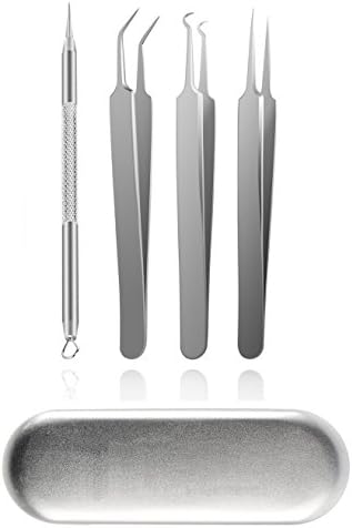 Axcv5 Blackhead & Whitehead Remover Kit Curved Pimple Acne Comedone Extractor Tool Set Treatment for Blemish with Case ,Set of 5 about 4.5in