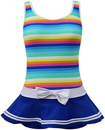 QRH Big Girls Poptical Striped Sport Splice 1 Piece Swimwear Blue White Size 7-8 For Age 6-7 Years