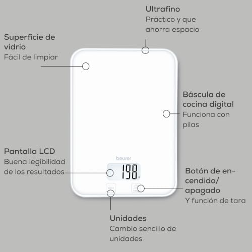 KS 19 Pure White balanza de cocina digital, capacidad de hasta 5 kg (división precisa de 1 g), balanza doméstica con sensor táctil, balanza para alimentos incl. pilas, diseño ultraplano, blanco