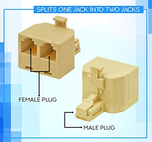RocketBus RJ11 Plug 1 to 2 Dual Phone Line Splitter Wall Jack Split into Two Modular Converter Adapter for Office Home ADSL DSL Fax Model Cordless Phone System - Thumbnail 3
