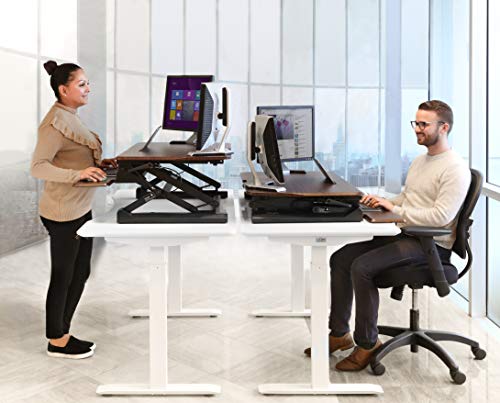 AIRLIFT 35.4" Gas-Spring Standing Desk Converter Workstation | Ergonomic Dual Monitor Riser with Keyboard Tray and Phone/Tablet Holder Height Adjustable to 19.1", Walnut - Thumbnail 7