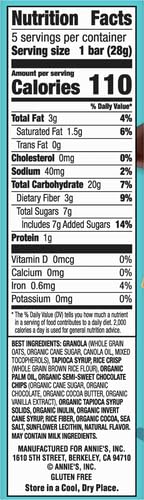 ANNIE’S GLUTEN FREE CHEWY GRANOLA BARS, DOUBLE CHOCOLATE CHIP, 5 BARS, 4.9 OZ