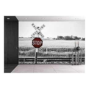 Railroad Crossing with Stop Warning Sign - Removable Wall Mural | Self-Adhesive Large Wallpaper - 66x96 inches