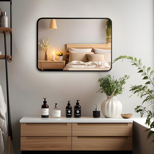 MIQU Bathroom Mirror, 80 x 60 cm, Large Wall Mirror, Unilluminated, Rectangular with Black Metal Frame, Decorative Mirror for Bathroom, Living Room, Toilet, Hallway K