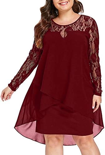 Padaleks Women Swing Dress Ladies Casual Plus Size Sheer Lace Sleeve High Low Hem O-Neck Midi Dress