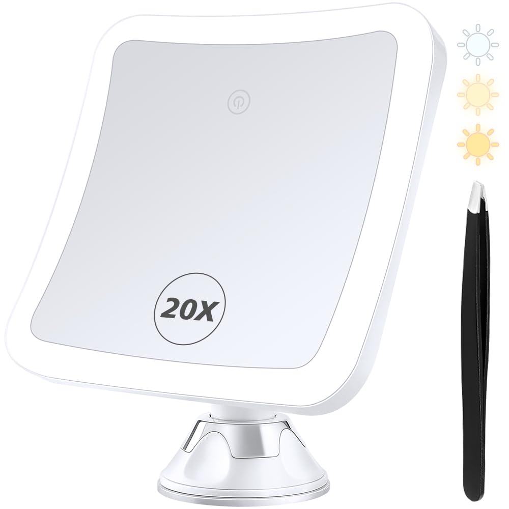 MIYADIVA Magnifying Mirror with Light, 20X Wall-Mounted Mirrors for Shaving, 360 Rotation Vanity Mirror, Magnifying Mirror Suction Cup, Rechargeable and 3 Color Lights