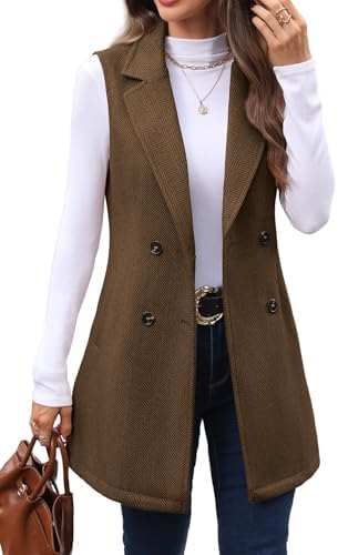 Women's Long Vest Herringbone Pattern Lapel Double Breasted