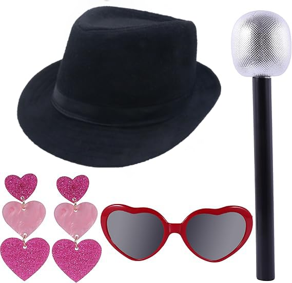 Photo 1 of 4 Pcs Halloween Singer Costume Black Bowler Hat Heart Sunglasses Fake Microphone and Cute Earrings for Halloween Cosplay Costume Party Music Festival Concert