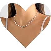 Allereyae Vintage Pearl Station Necklace Boho Pearl Choker Necklace Floating Pearl Necklace Gold Cross Pendant Necklace Jewelry for Women (Gold)