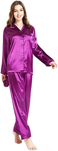lantisan Silky Satin Pajamas for Women, Long Button-Down PJ Set with Mask, Purple XL