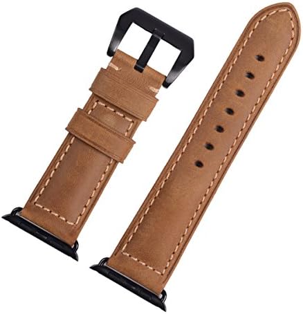 Apple Watch Band, 42mm Crazy Horse Genuine Leather iWatch Band Replacement Wristband Fit For Apple Watch Khaki with Black Adaptor