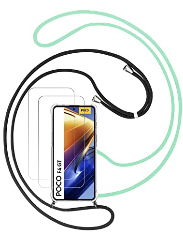 Crossbody Case for Xiaomi POCO F4 GT 5G (6,67") + 2 pieces Screen Protector, Transparent Soft Silicone TPU Necklace Cover, Camera Protective Case with 2 Pieces Bands, Black+Green