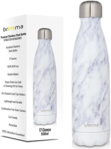 Brimma Vacuum Insulated Water Bottle - Double Walled Stainless Steel Travel Bottle For Hot & Cold Drinks - 100% Sweat & Leak Proof Portable Thermos Flask - 17 Oz (500 ml) (White Marble)
