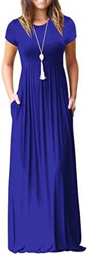 Women Short Sleeve Plain Loose Long Maxi Casual Dress with Pocket
