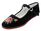 Womens Cotton Mary Jane Ballet Flats Shoes 118 Black Embroidered Velvet 9