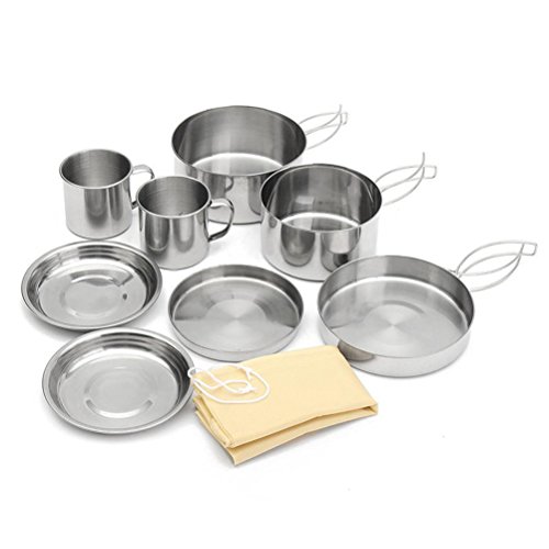 WINOMO 8pcs Outdoor Camping pan Stainless Steel Pot Pan Cooking Tool Set for Hiking