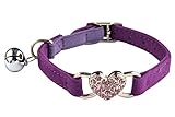 KOOLTAIL Purple Heart Bling Cat Collar with Safety Belt and Bell 8-11 Inches