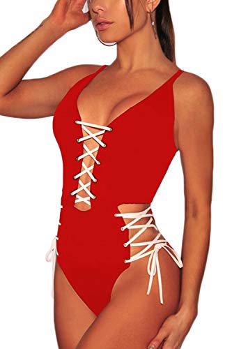 Almaree Crisscross Lace Up Open Back 1 Piece Swimsuit Plunge Swimwear for Woman Red M - Thumbnail 2